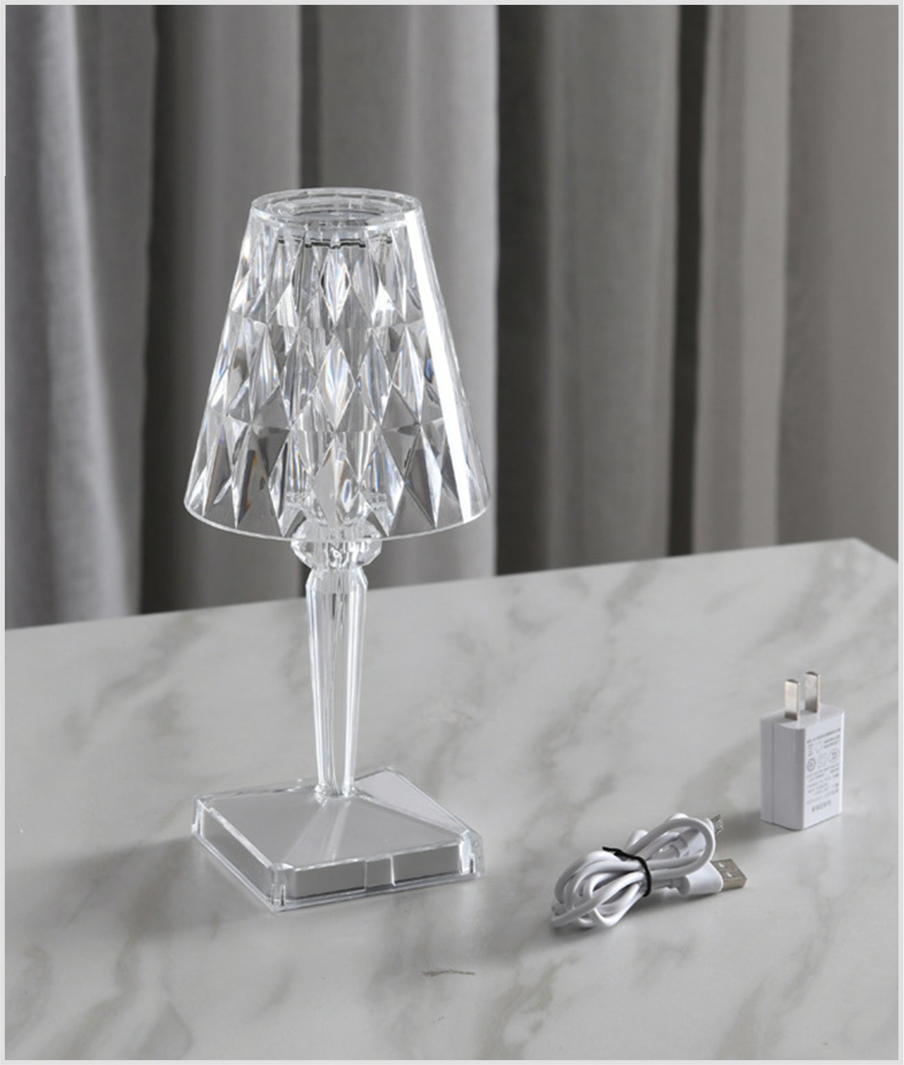 Rechargeable Acrylic Diamond Nightstand Lamp Cordless , 3-Way Dimmable Color, Touch Control & Elegant Lamp Shade
